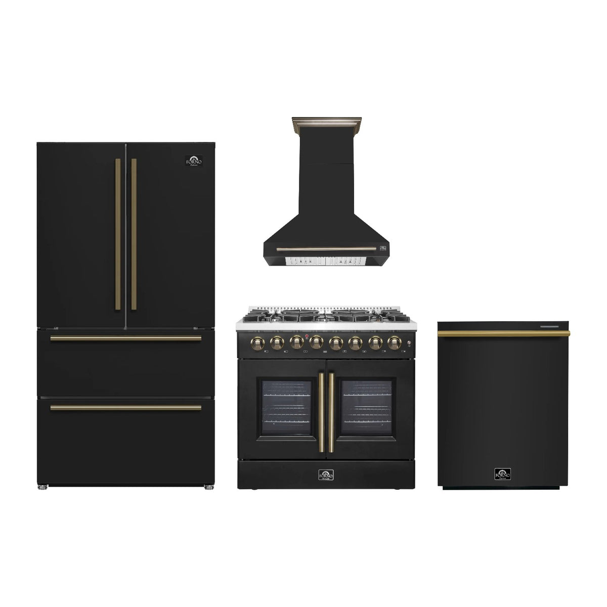 Forno Galiano 36 inch Kitchen Package in Black — French Door Dual Fuel Range, Range Hood, Refrigerator & Dishwasher