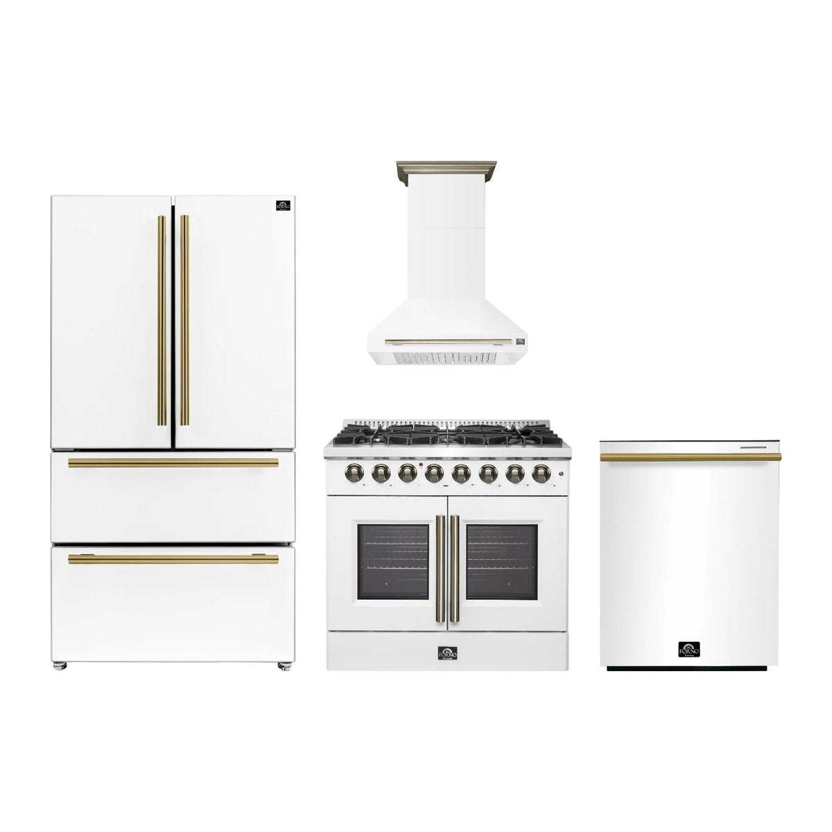 Forno Galiano 36 inch Kitchen Package in White — French Door Dual Fuel Range, Range Hood, Refrigerator & Dishwasher