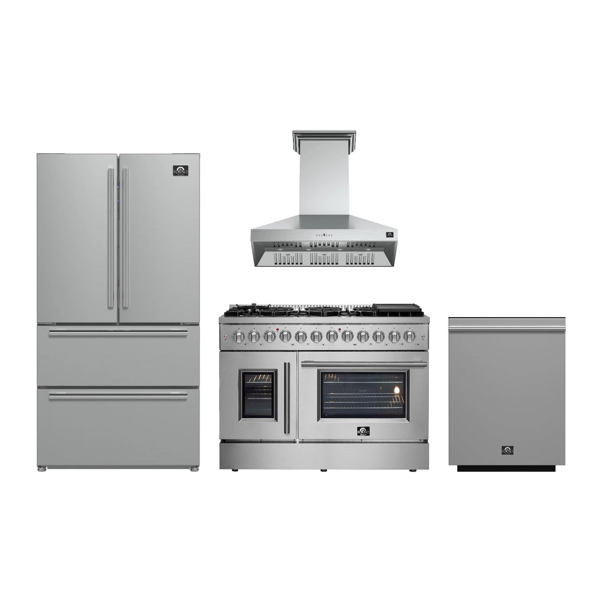 Forno Galiano 48 inch Kitchen Package in Stainless Steel — French Door Dual Fuel Range, Range Hood, Refrigerator & Dishwasher