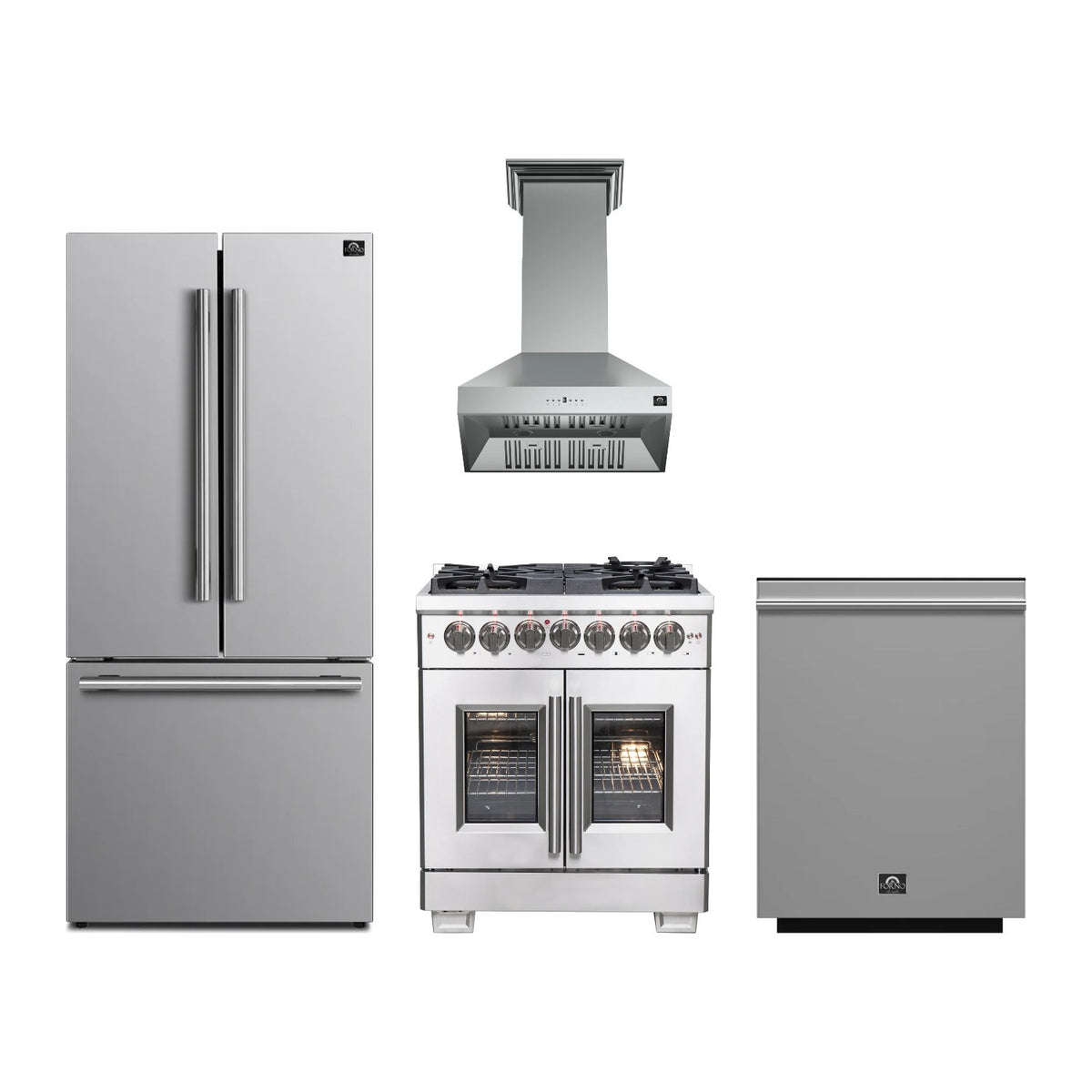 Forno Capriasca 30 inch Kitchen Package in Stainless Steel — French Door Dual Fuel Range, Range Hood, Refrigerator & Dishwasher