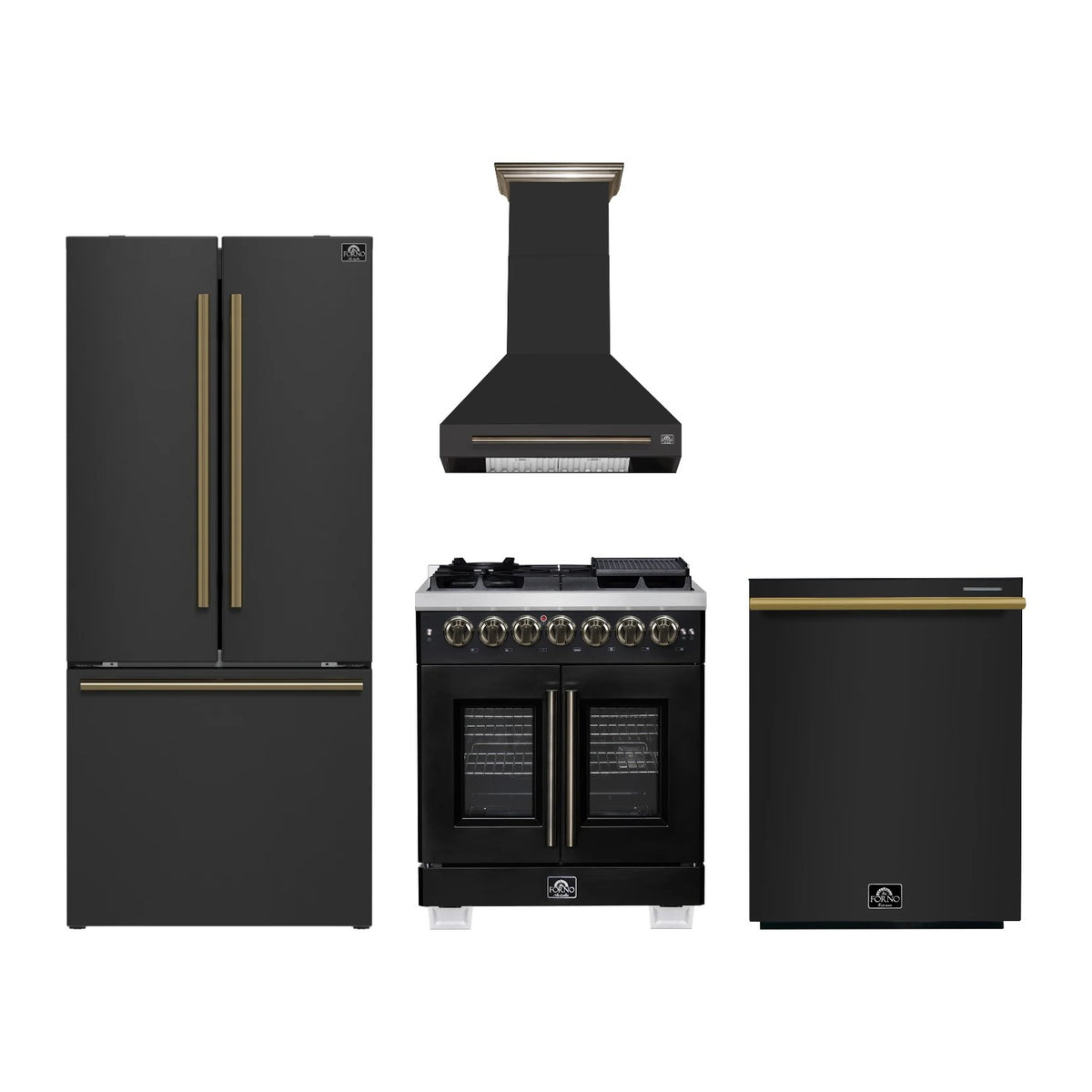 Forno Capriasca 30 inch Kitchen Package in Black — French Door Dual Fuel Range, Range Hood, Refrigerator & Dishwasher