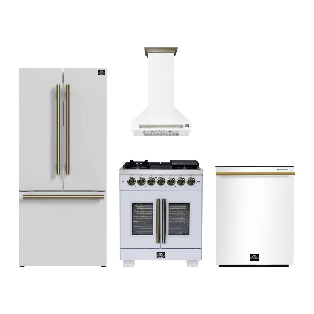Forno Capriasca 30 inch Kitchen Package in White — French Door Dual Fuel Range, Range Hood, Refrigerator & Dishwasher