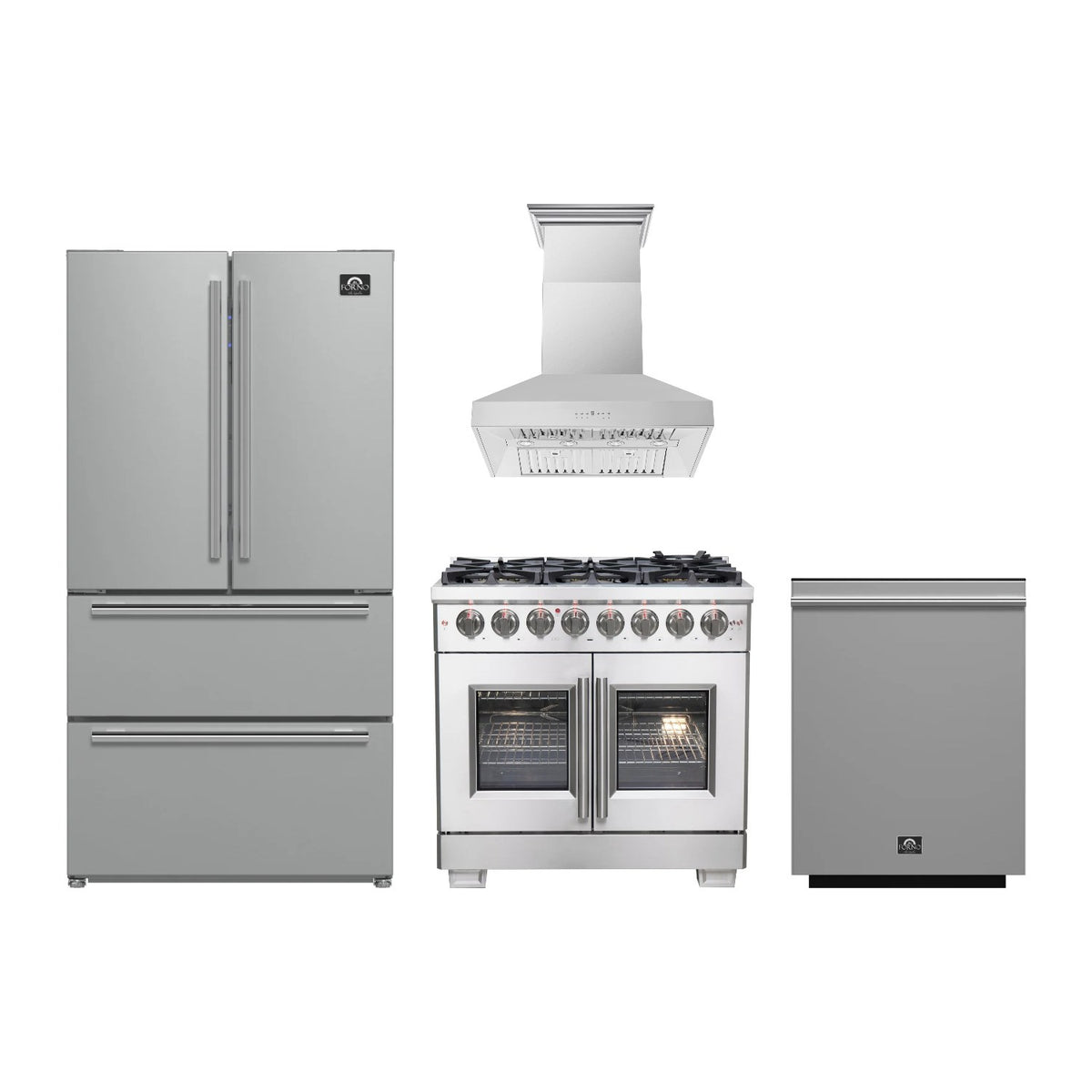 Forno Capriasca 36 inch Kitchen Package in Stainless Steel — French Door Dual Fuel Range, Range Hood, Refrigerator & Dishwasher