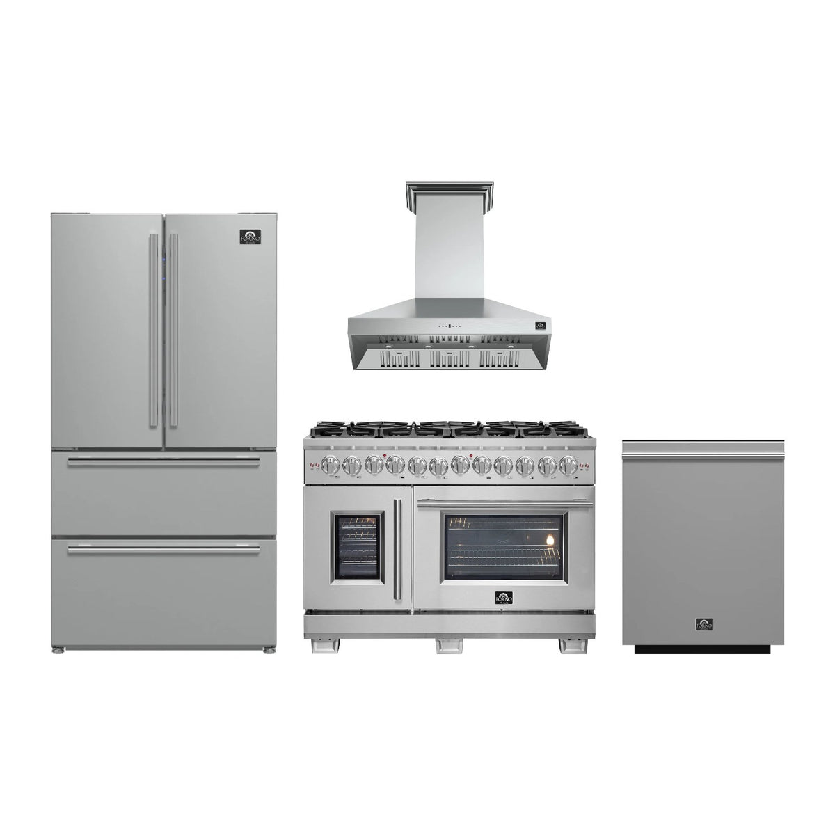 Forno Capriasca 48 inch Kitchen Package in Stainless Steel — French Door Dual Fuel Range, Range Hood, Refrigerator & Dishwasher