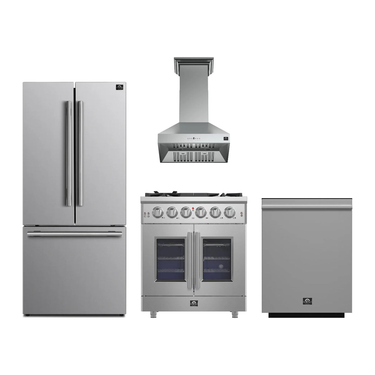 Forno Massimo 30 inch Kitchen Package in Stainless Steel — French Door Gas Range, Range Hood, Refrigerator & Dishwasher