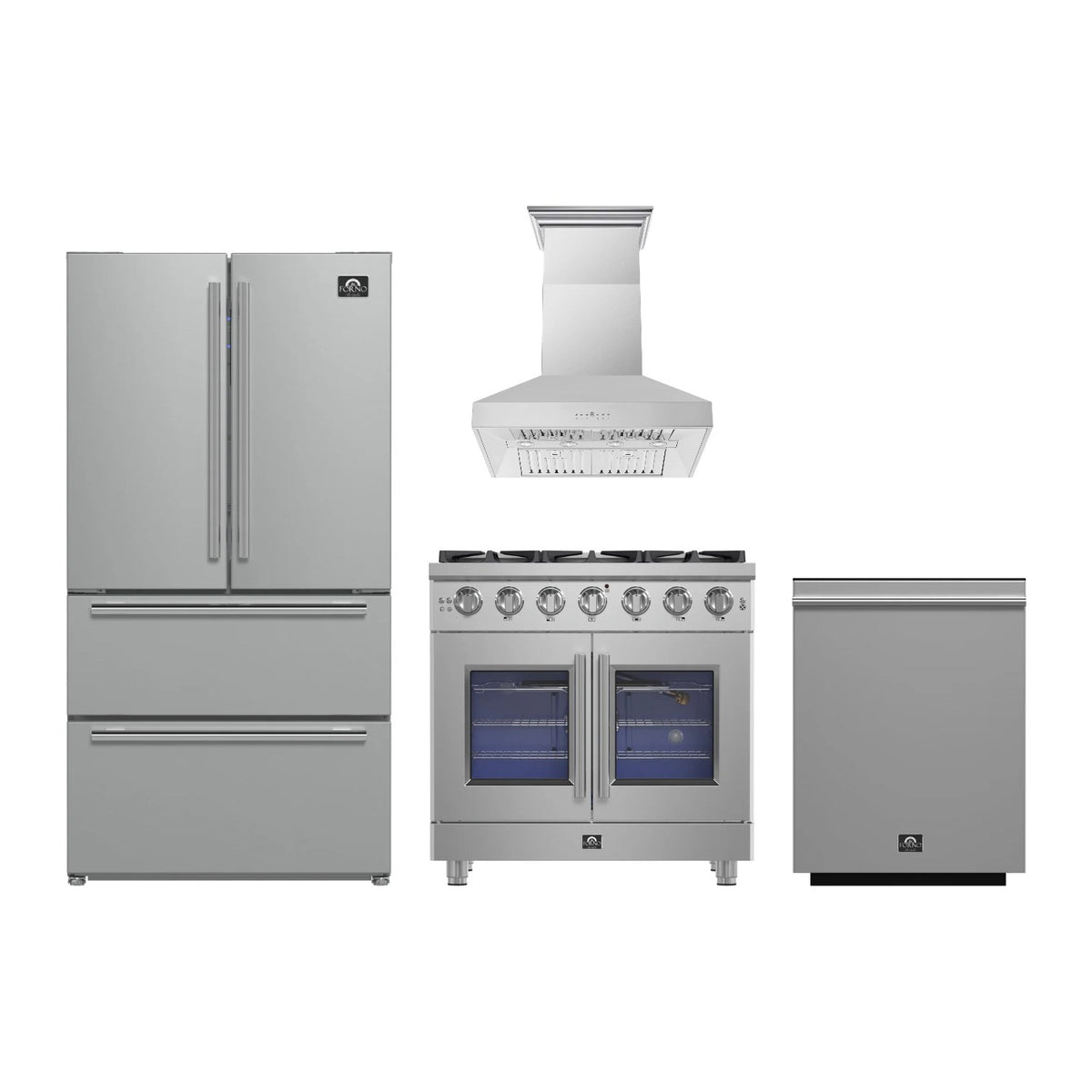 Forno Massimo 36 inch Kitchen Package in Stainless Steel — French Door Gas Range, Range Hood, Refrigerator & Dishwasher