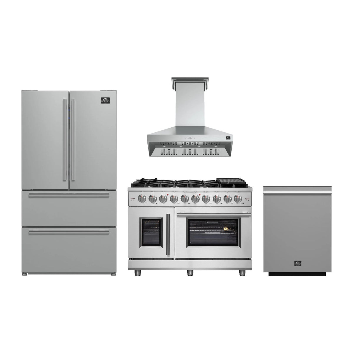 Forno Massimo 48 inch Kitchen Package in Stainless Steel — French Door Gas Range, Range Hood, Refrigerator & Dishwasher