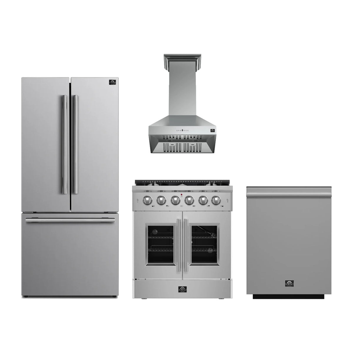 Forno Galiano 30 inch Kitchen Package in Stainless Steel — French Door Gas Range, Range Hood, Refrigerator & Dishwasher