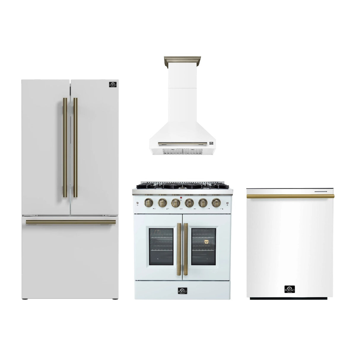 Forno Galiano 30 inch Kitchen Package in White — French Door Gas Range, Range Hood, Refrigerator & Dishwasher