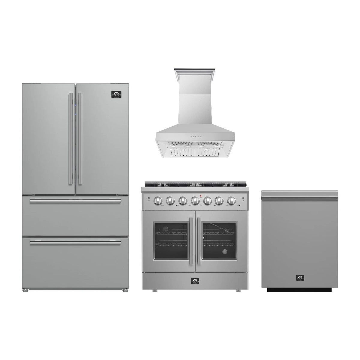 Forno Galiano 36 inch Kitchen Package in Stainless Steel — French Door Gas Range, Range Hood, Refrigerator & Dishwasher