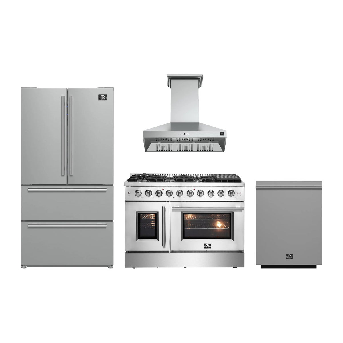 Forno Galiano 48 inch Kitchen Package in Stainless Steel — French Door Gas Range, Range Hood, Refrigerator & Dishwasher