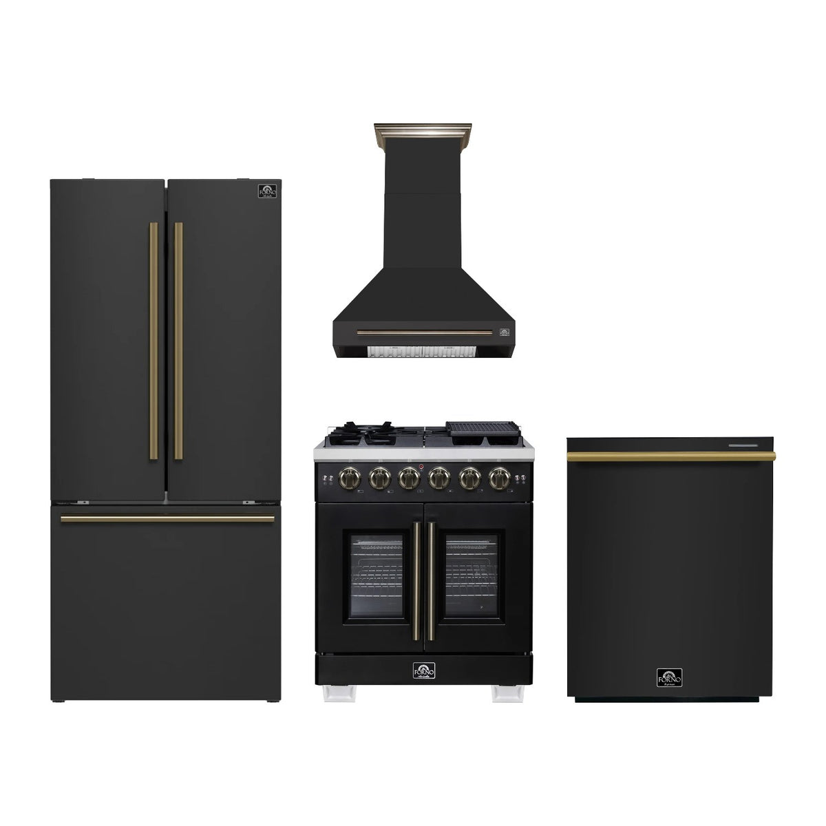 Forno Capriasca 30 inch Kitchen Package in Black — French Door Gas Range, Range Hood, Refrigerator & Dishwasher