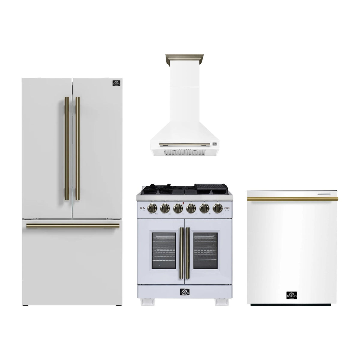Forno Capriasca 30 inch Kitchen Package in White — French Door Gas Range, Range Hood, Refrigerator & Dishwasher