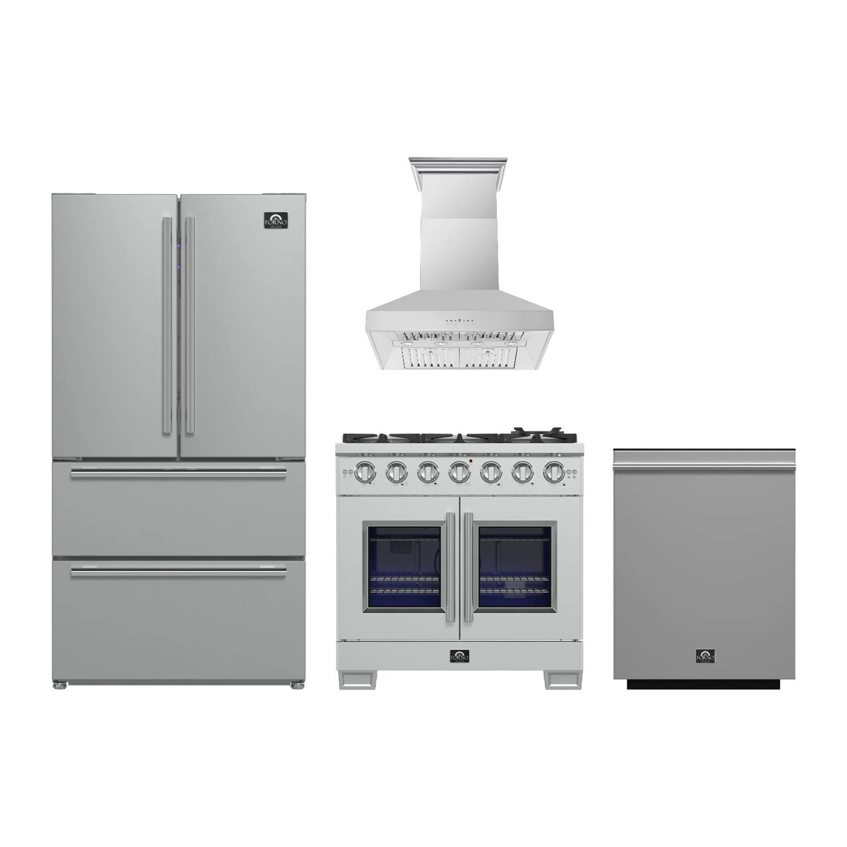 Forno Capriasca 36 inch Kitchen Package in Stainless Steel — French Door Gas Range, Range Hood, Refrigerator & Dishwasher
