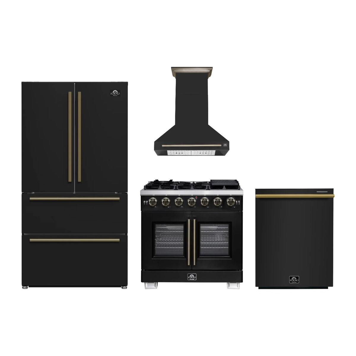 Forno Capriasca 36 inch Kitchen Package in Black — French Door Gas Range, Range Hood, Refrigerator & Dishwasher