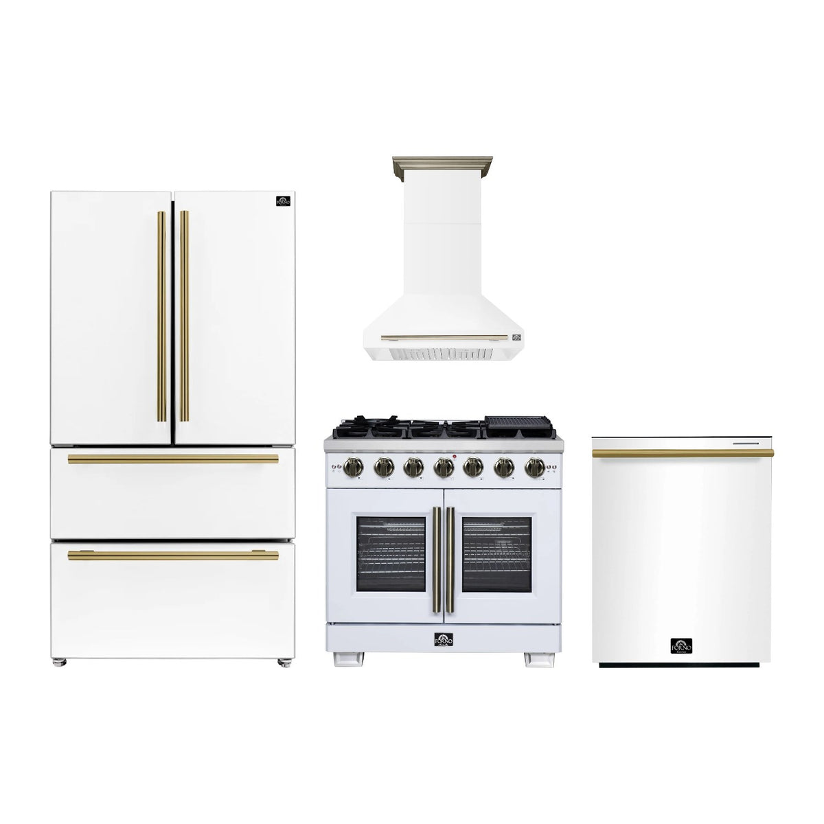 Forno Capriasca 36 inch Kitchen Package in White — French Door Gas Range, Range Hood, Refrigerator & Dishwasher