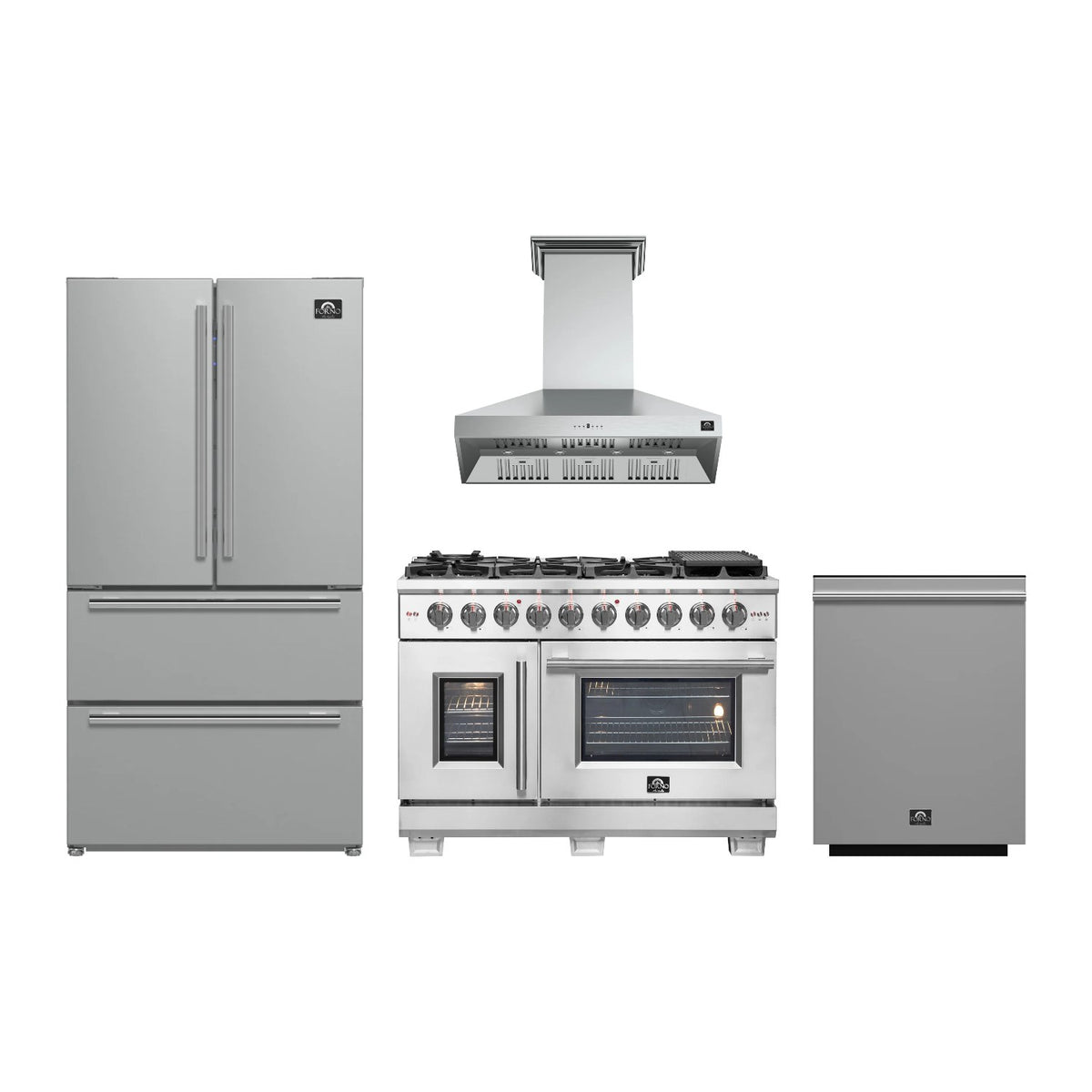 Forno Capriasca 48 inch Kitchen Package in Stainless Steel — French Door Gas Range, Range Hood, Refrigerator & Dishwasher