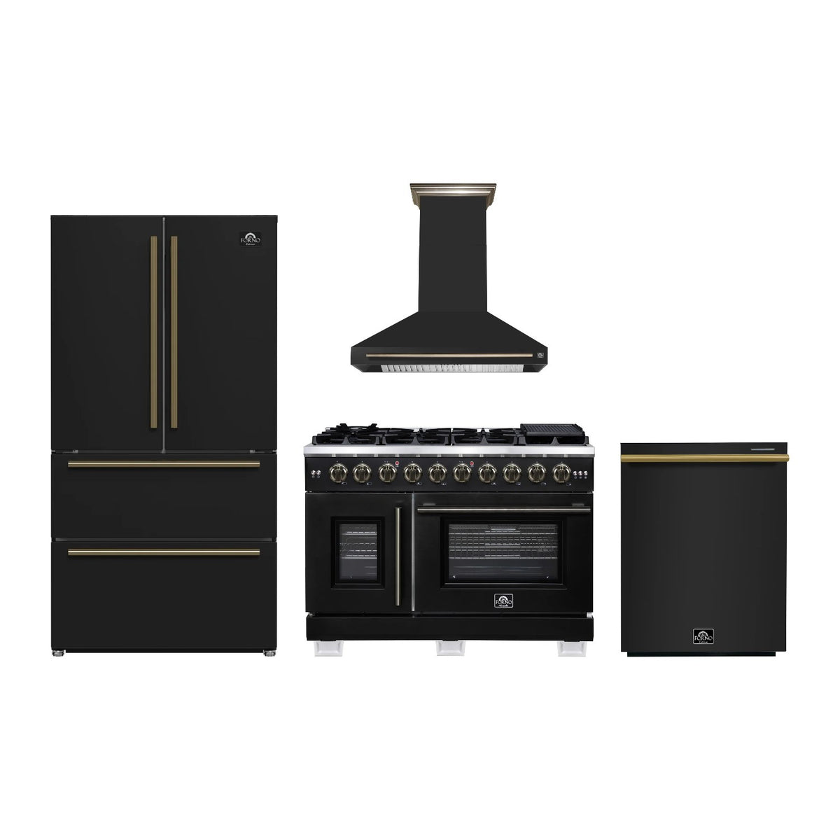Forno Capriasca 48 inch Kitchen Package in Black — French Door Gas Range, Range Hood, Refrigerator & Dishwasher