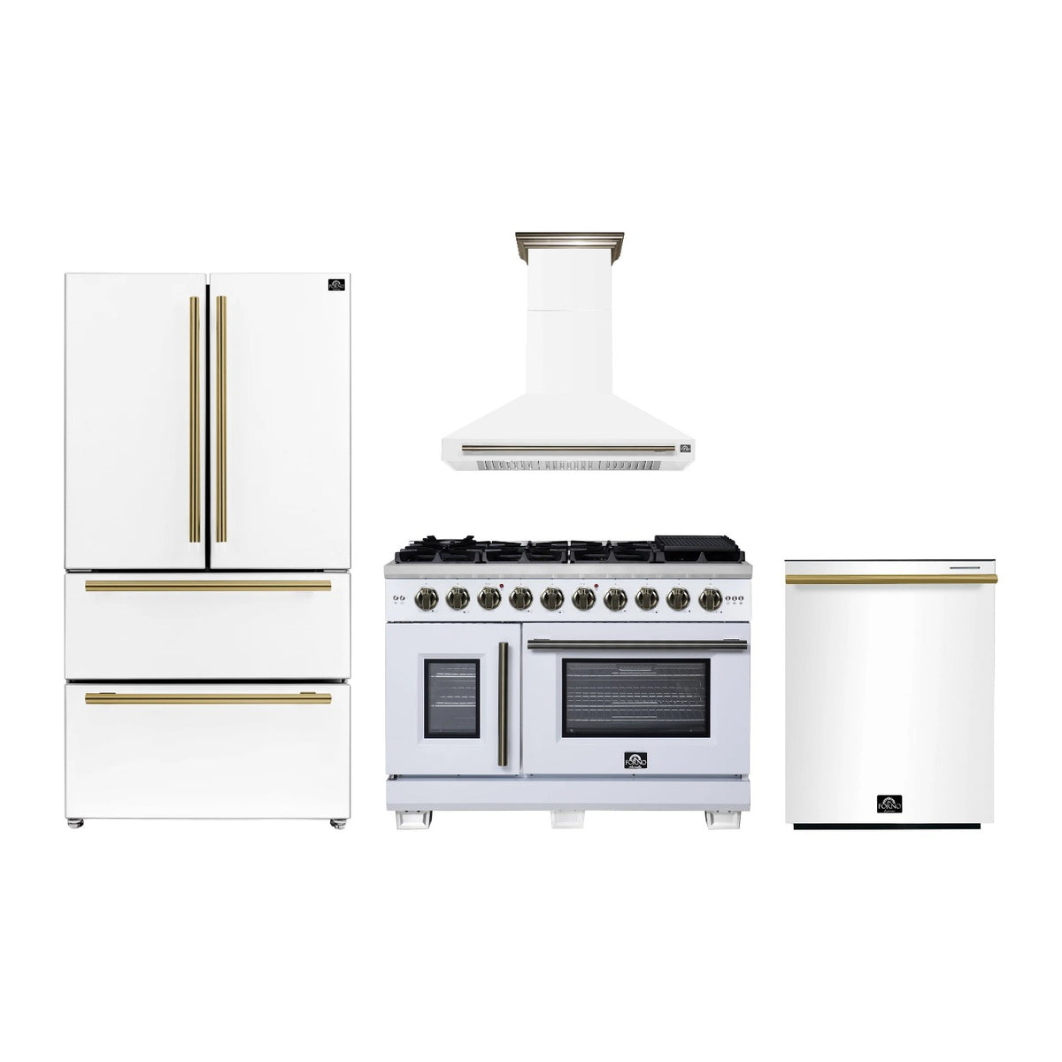 Forno Capriasca 48 inch Kitchen Package in White — French Door Gas Range, Range Hood, Refrigerator & Dishwasher