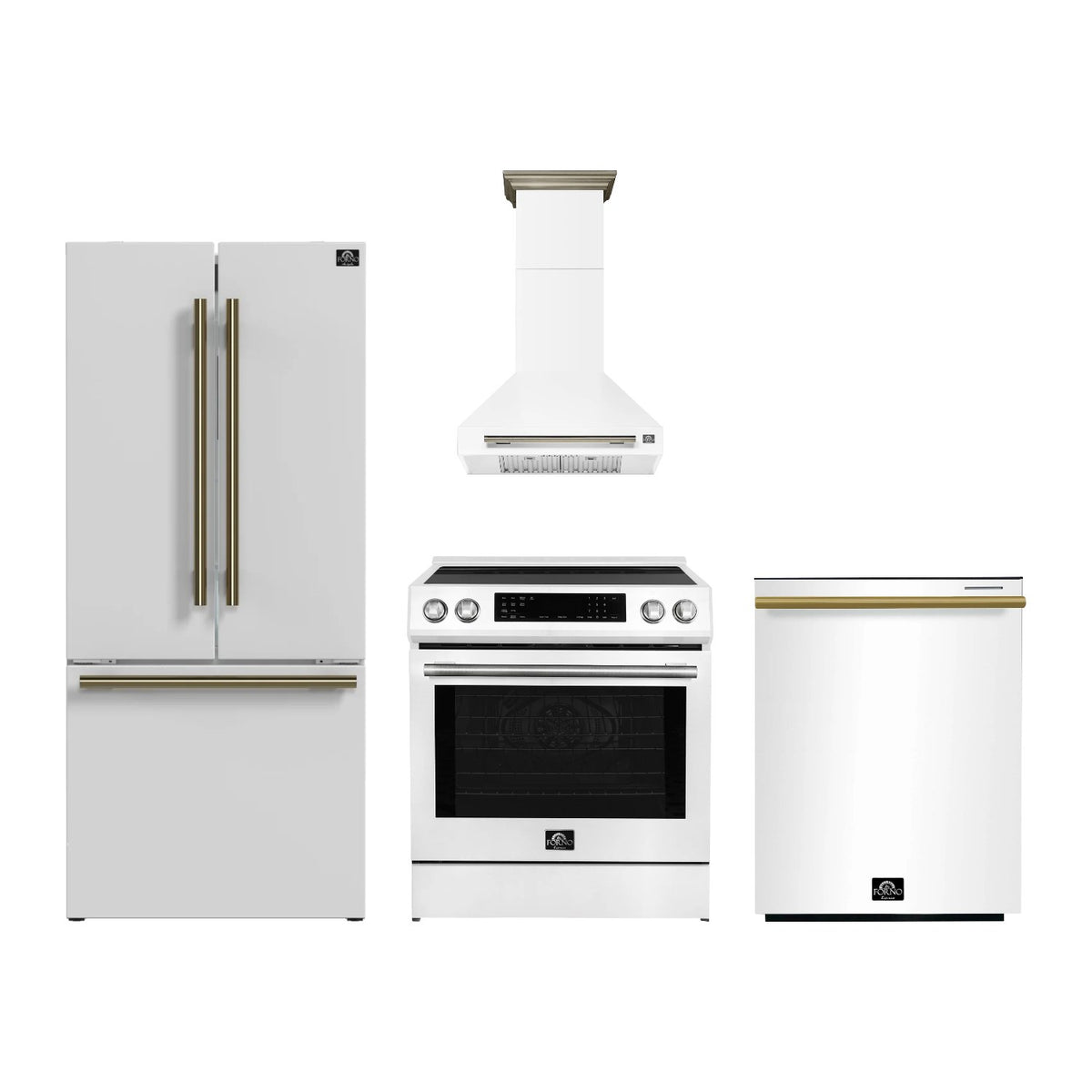Forno Donatello 30 inch Kitchen Package in White — Induction Range, Range Hood, Refrigerator & Dishwasher