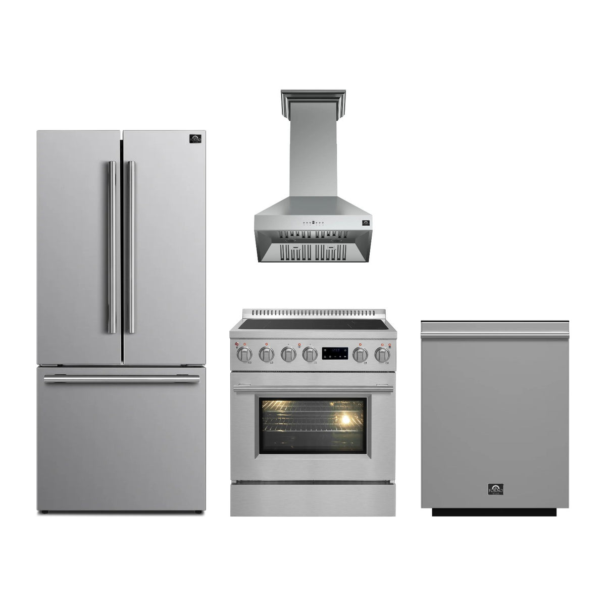 Forno Torino 30 inch Kitchen Package in Stainless Steel — Induction Range, Range Hood, Refrigerator & Dishwasher
