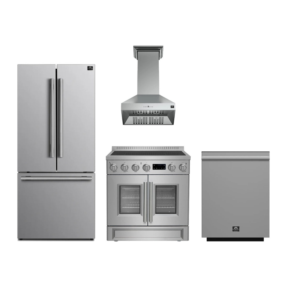 Forno Torino 30 inch Kitchen Package in Stainless Steel — French Door Induction Range, Range Hood, Refrigerator & Dishwasher