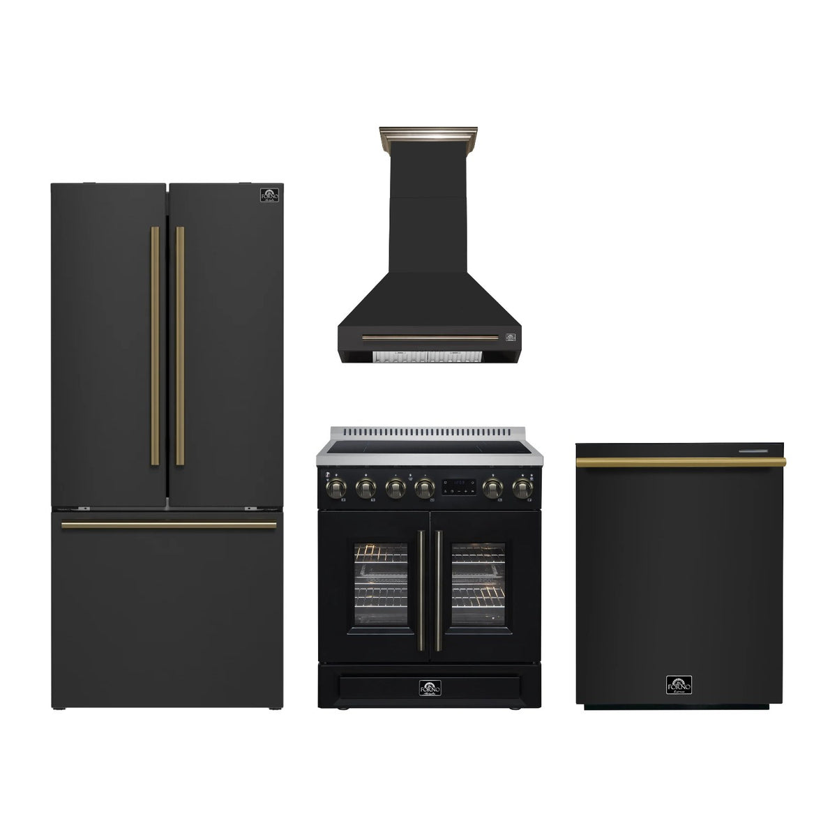 Forno Torino 30 inch Kitchen Package in Black — French Door Induction Range, Range Hood, Refrigerator & Dishwasher