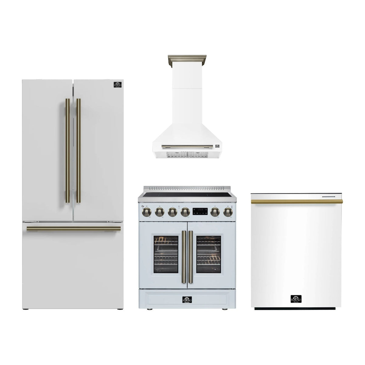 Forno Torino 30 inch Kitchen Package in White — French Door Induction Range, Range Hood, Refrigerator & Dishwasher