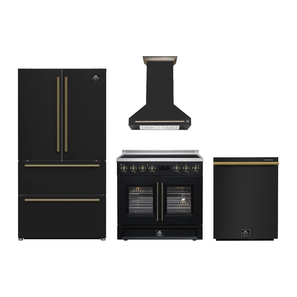Forno Torino 36 inch Kitchen Package in Black — French Door Induction Range, Range Hood, Refrigerator & Dishwasher