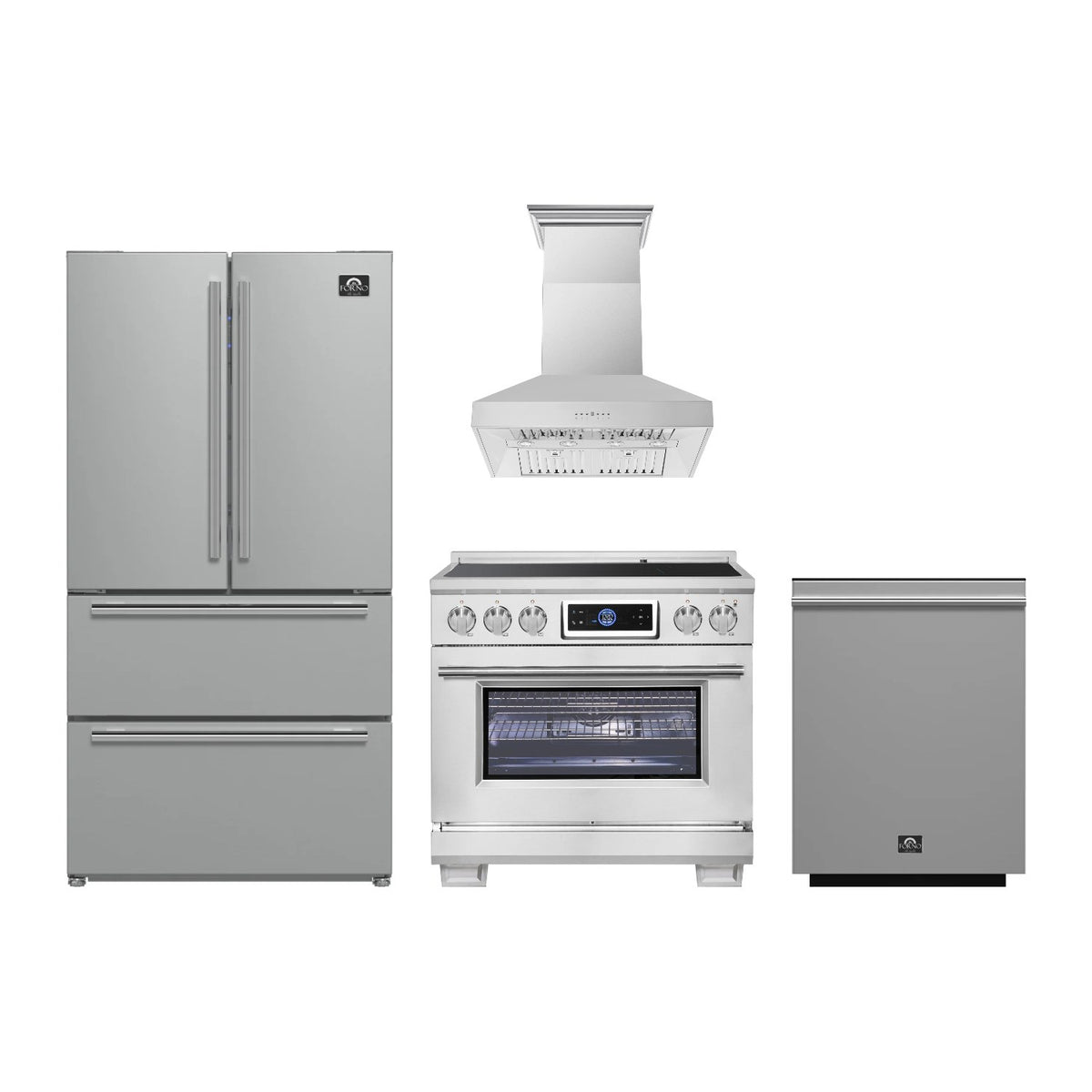 Forno Maximus 36 inch Kitchen Package in Stainless Steel — Induction Range, Range Hood, Refrigerator & Dishwasher