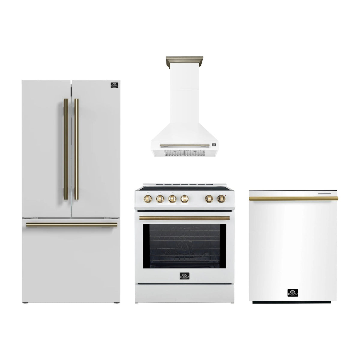 Forno Leonardo 30 inch Kitchen Package in White — Induction Range, Range Hood, Refrigerator & Dishwasher