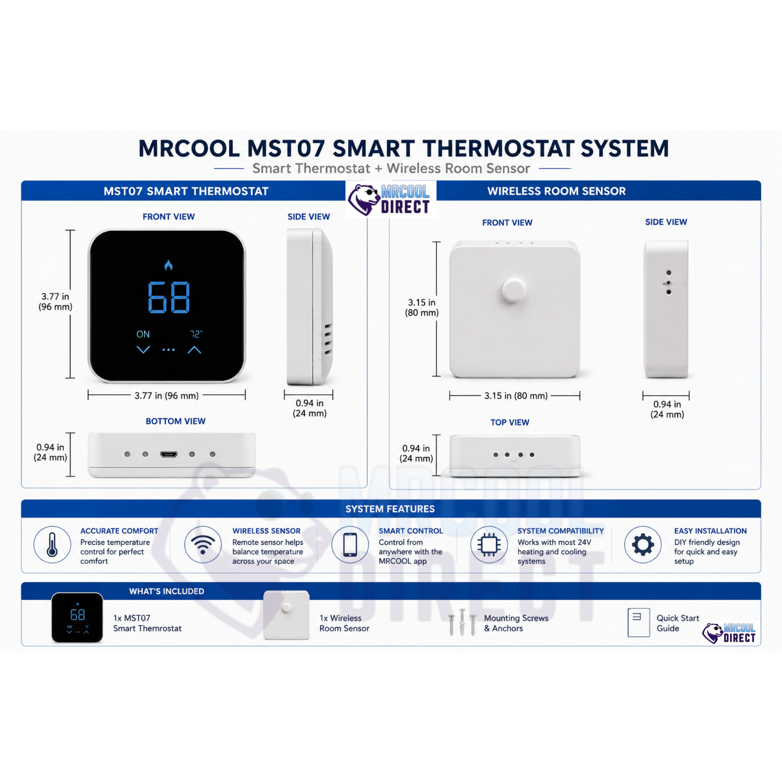 MRCOOL® MST07 Smart Thermostat + MST07-S Room Sensor Bundle (White) - 24V (Ducted System Only)