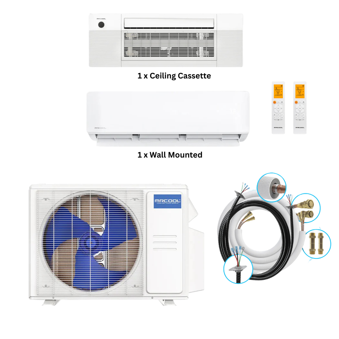 MRCOOL DIY 5th Gen Multi-Zone 2-Zone 27,000 BTU 23 SEER2 (9K Wall Mount + 18K Ceiling Cassette) Ductless Mini-Split Air Conditioner and Heat Pump