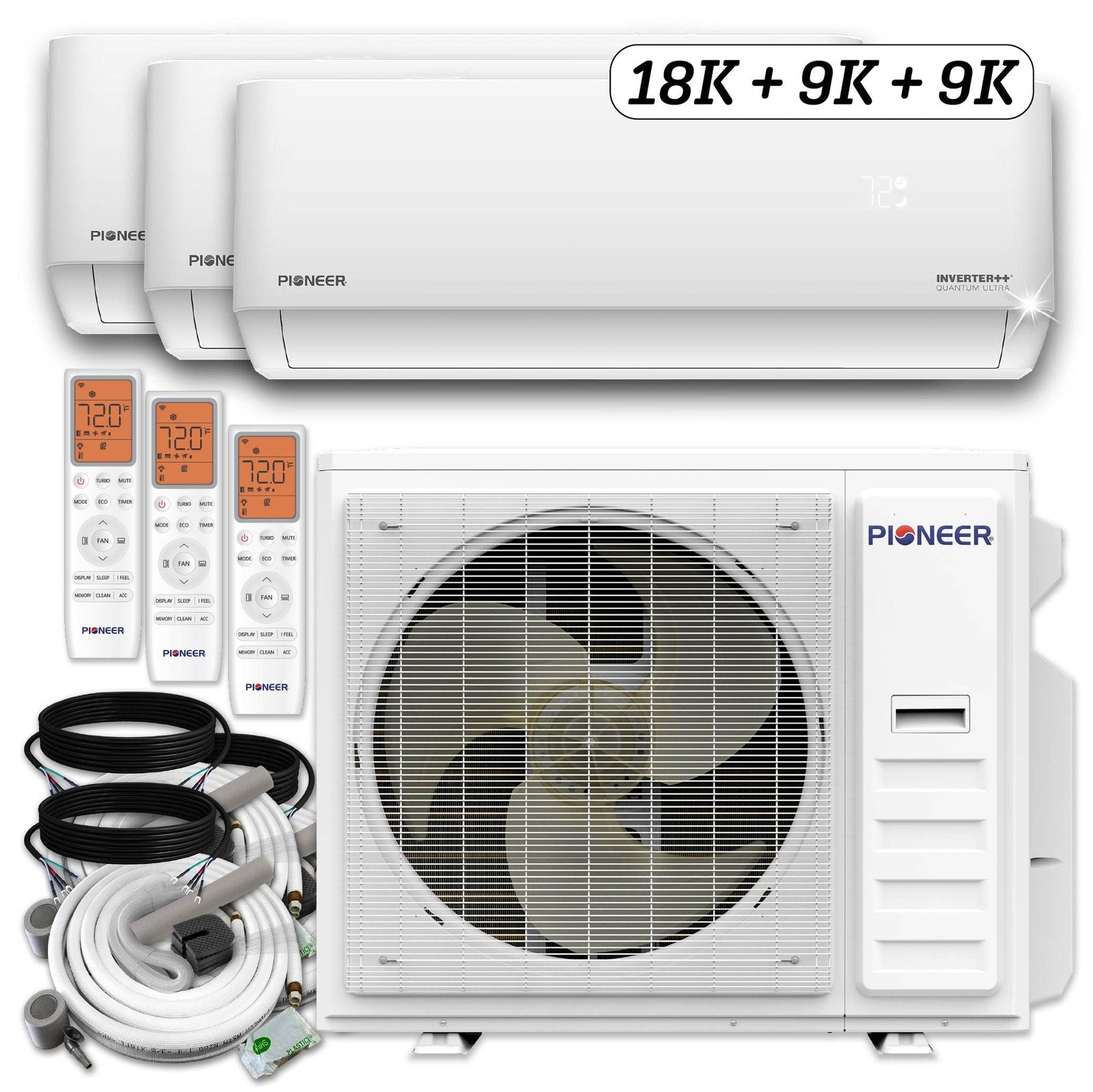 Pioneer Triple Split 36000 BTU 3-Ton Quantum Ultra Wi-Fi 22.5 SEER2 Energy-Star Multi (3) Zone Wall Mount Air Conditioner Heat Pump 230-Volt