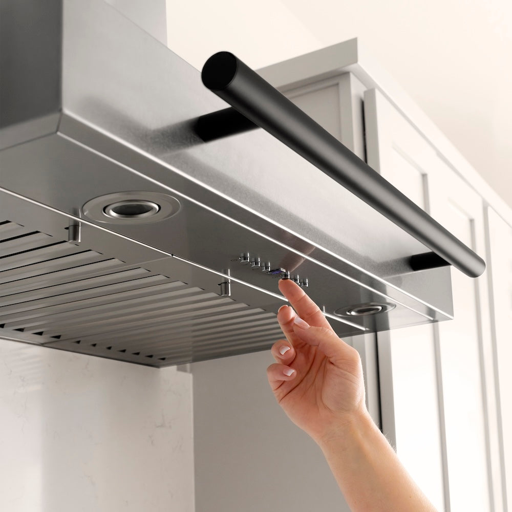ZLINE Autograph Edition 30-inch range hood in stainless steel and matte black accents KB4STZ-30-MB, view 7