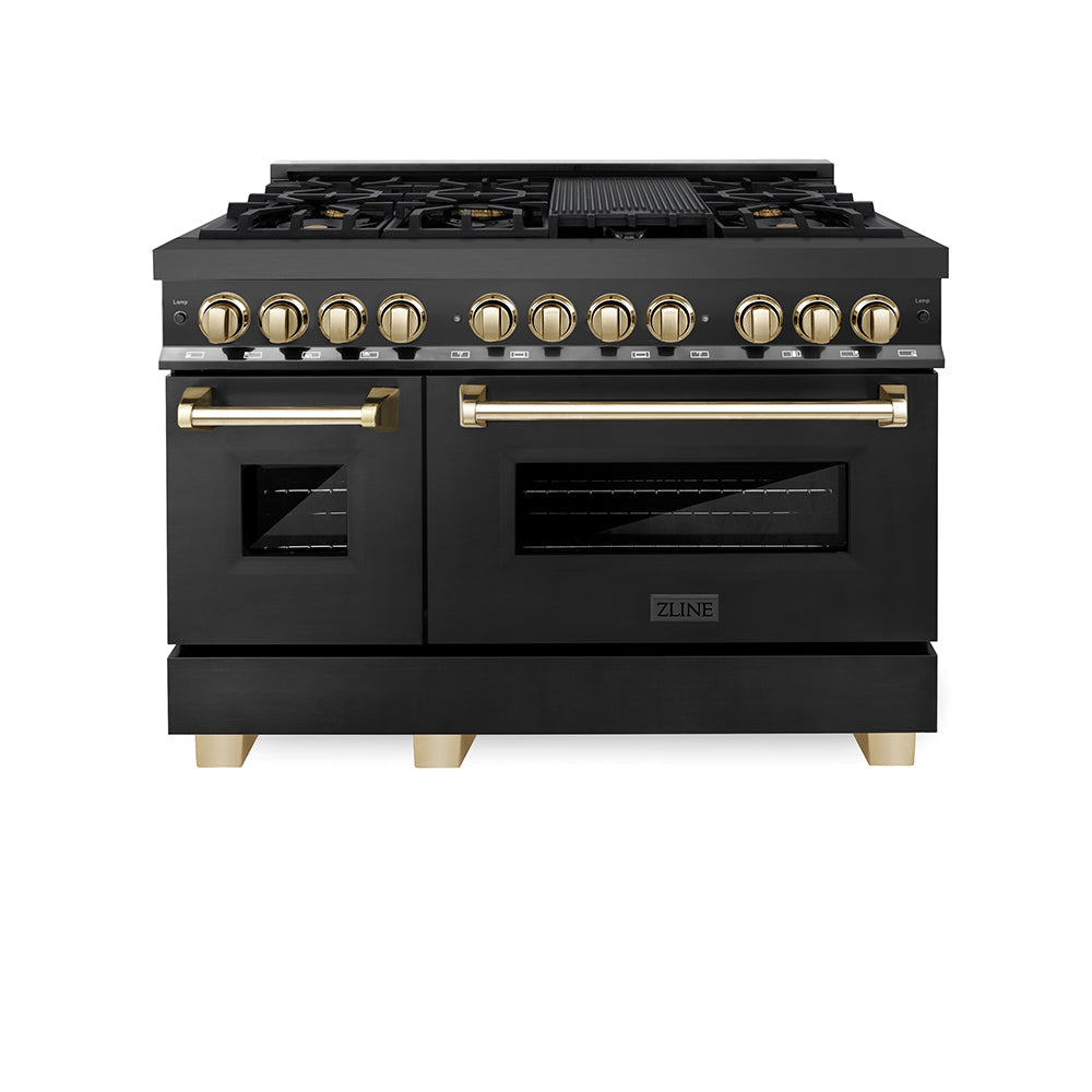 ZLINE Autograph Edition Legacy 48-inch range in black stainless steel and polished gold accents RABZ-48-G, front view