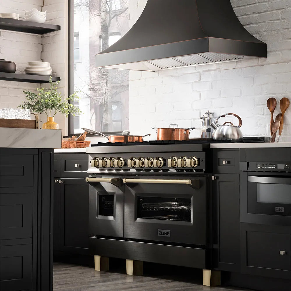 ZLINE Autograph Edition Legacy 48-inch range in black stainless steel and polished gold accents RABZ-48-G, side view