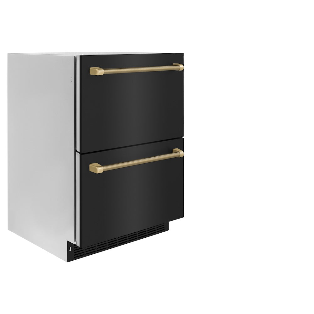 ZLINE Autograph Edition Touchstone 24-inch refrigerator in black stainless steel and champagne bronze accents RDSOZ-BS-24-KCB, side view
