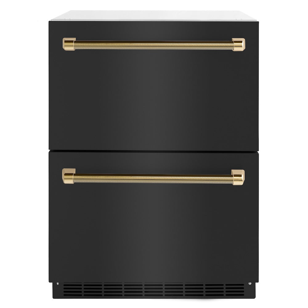 ZLINE Autograph Edition Touchstone 24-inch refrigerator in black stainless steel and polished gold accents RDSOZ-BS-24-KG