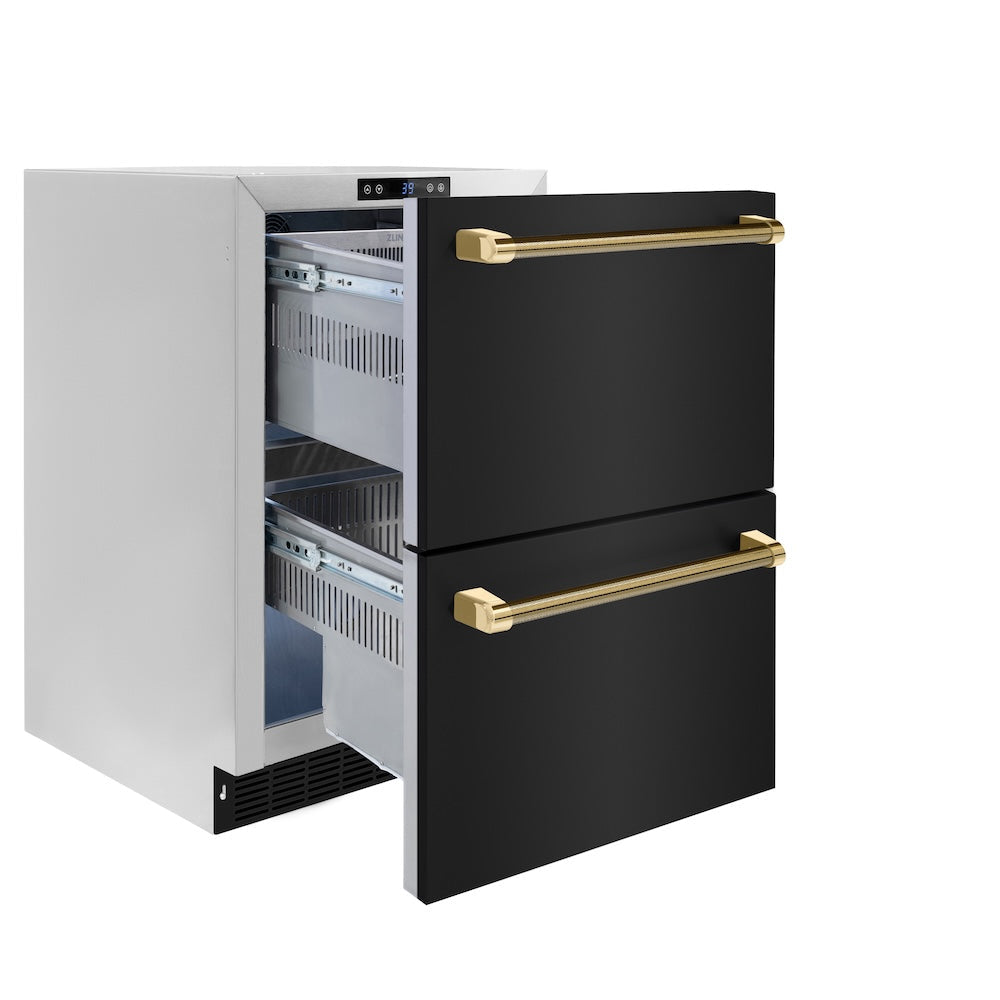 ZLINE Autograph Edition Touchstone 24-inch refrigerator in black stainless steel and polished gold accents RDSOZ-BS-24-KG, door open