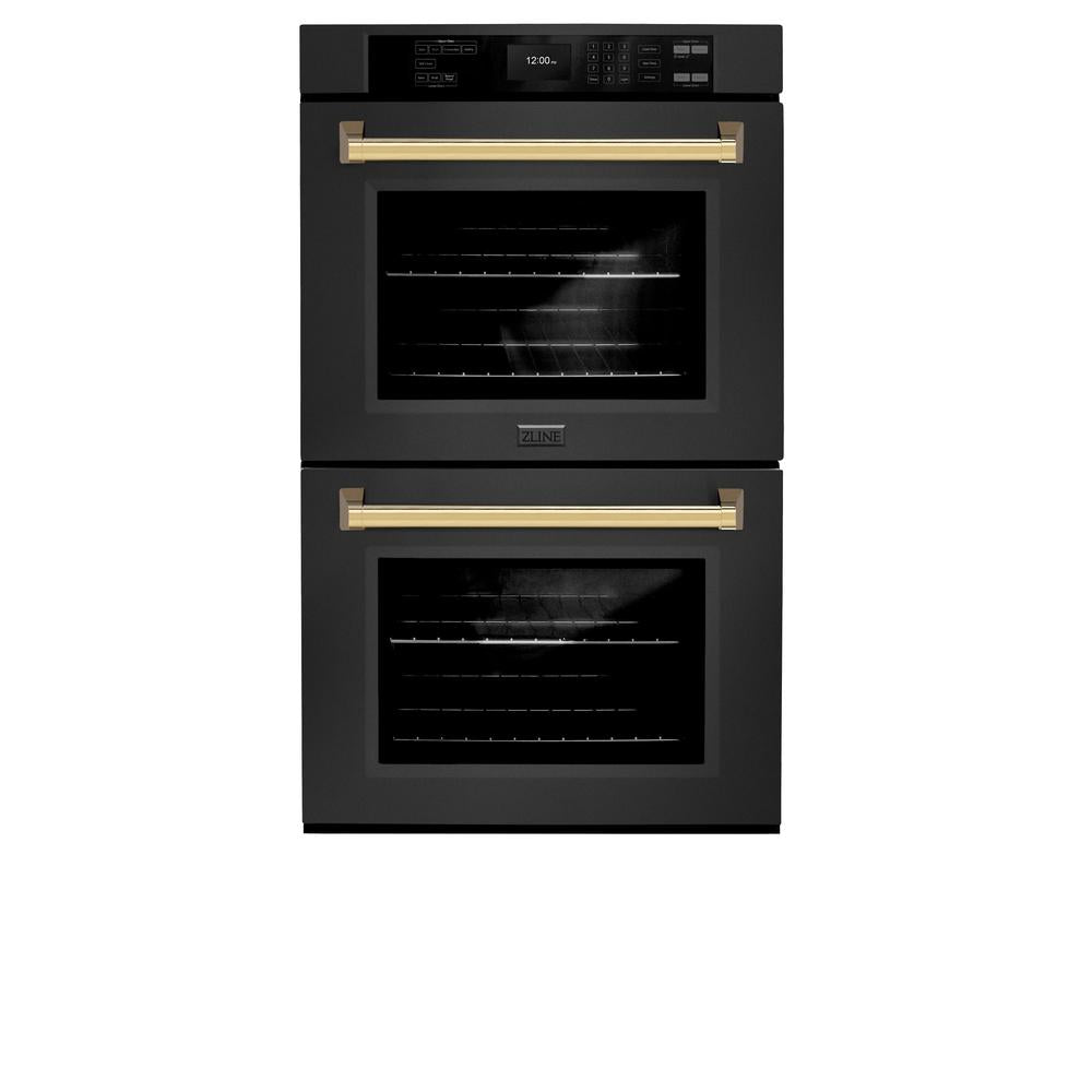 ZLINE Autograph Edition Professional 30-inch wall oven in black stainless steel and polished gold accents WADBZ-30-G, front view