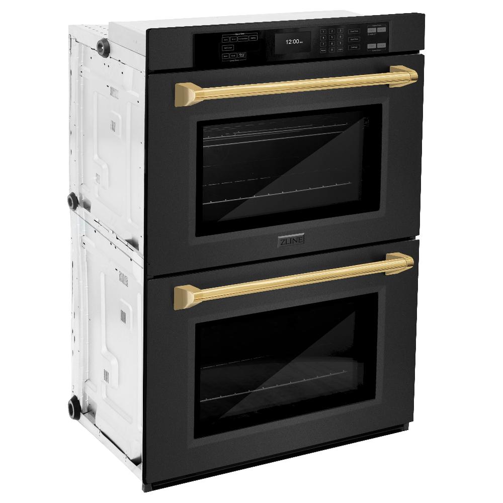 ZLINE Autograph Edition Professional 30-inch wall oven in black stainless steel and polished gold accents WADBZ-30-G, side view