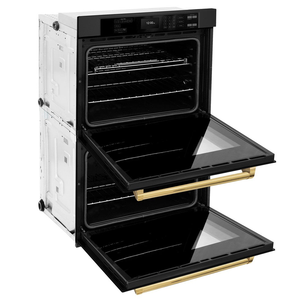 ZLINE Autograph Edition Professional 30-inch wall oven in black stainless steel and polished gold accents WADBZ-30-G, door open