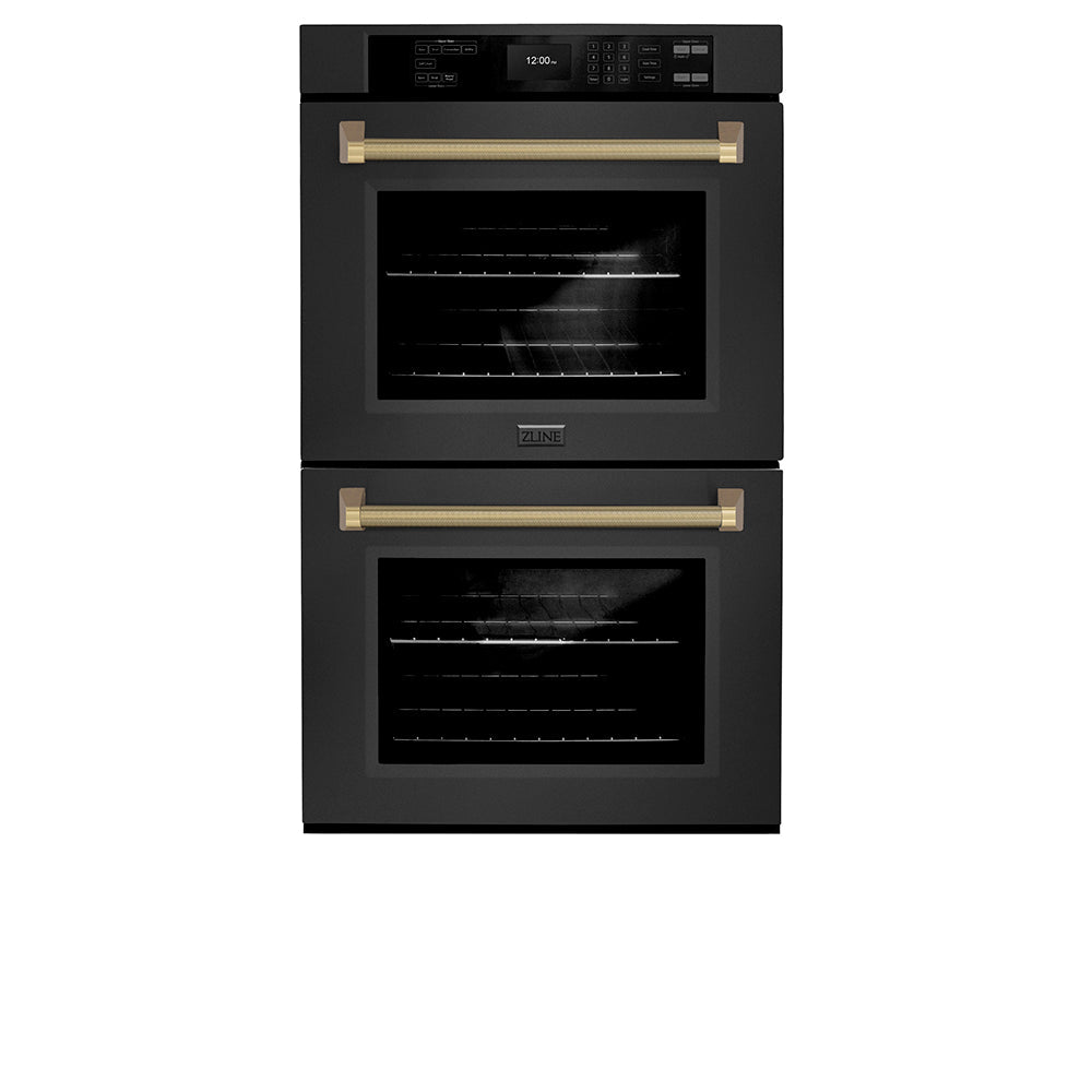 ZLINE Autograph Edition Professional 30-inch wall oven in black stainless steel and champagne bronze accents WADBZ-30-KCB, front view