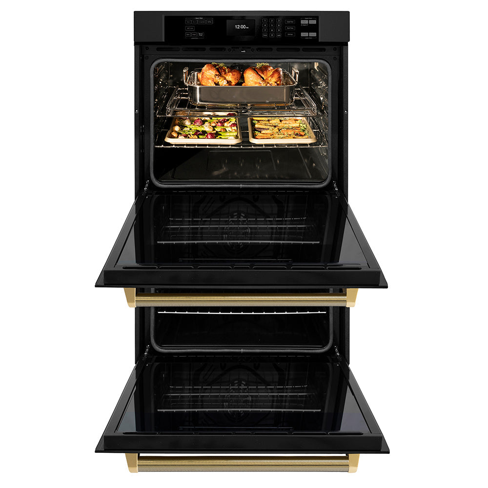 ZLINE Autograph Edition Professional 30-inch wall oven in black stainless steel and polished gold accents WADBZ-30-KG, front view