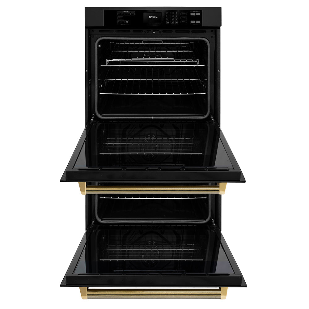 ZLINE Autograph Edition Professional 30-inch wall oven in black stainless steel and polished gold accents WADBZ-30-KG, front view