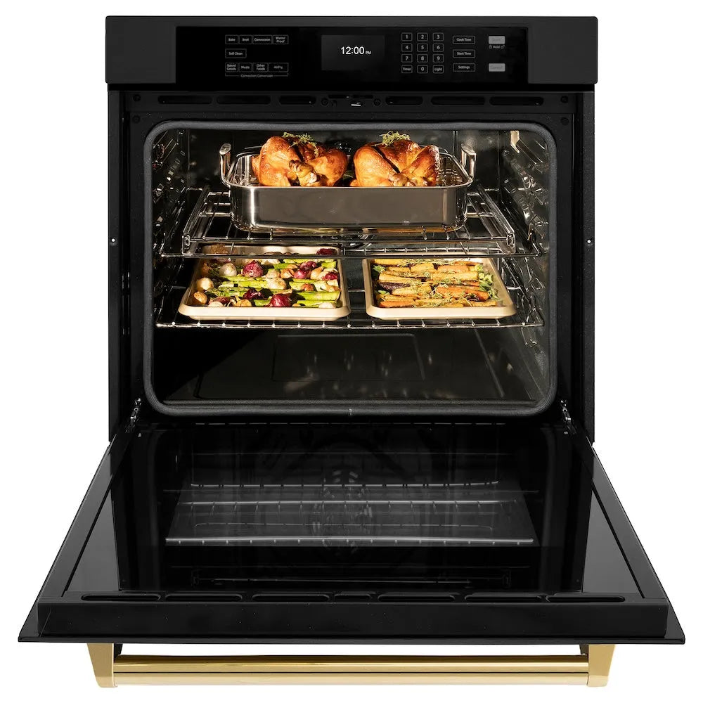 ZLINE Autograph Edition Professional 30-inch wall oven in black stainless steel and polished gold accents WASBZ-30-G, front view