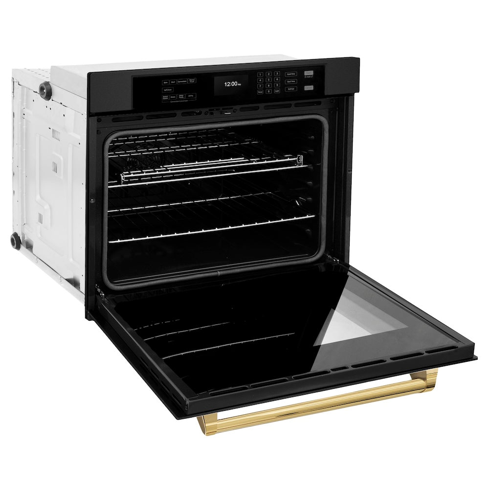 ZLINE Autograph Edition Professional 30-inch wall oven in black stainless steel and polished gold accents WASBZ-30-G, door open