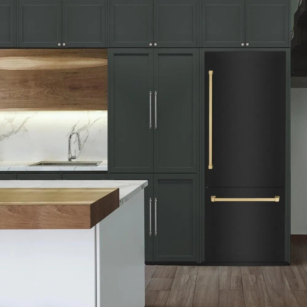 ZLINE Autograph Edition 30-inch refrigerator in black stainless steel with bright white interior and champagne bronze accents RBIVZ-BS-30-CB, view 2