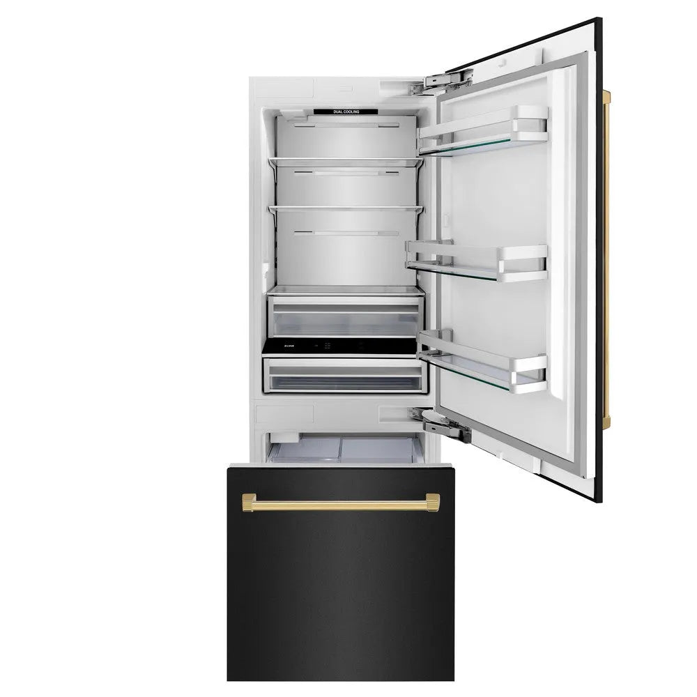 ZLINE Autograph Edition 30-inch refrigerator in black stainless steel with bright white interior and polished gold accents RBIVZ-BS-30-G, front view